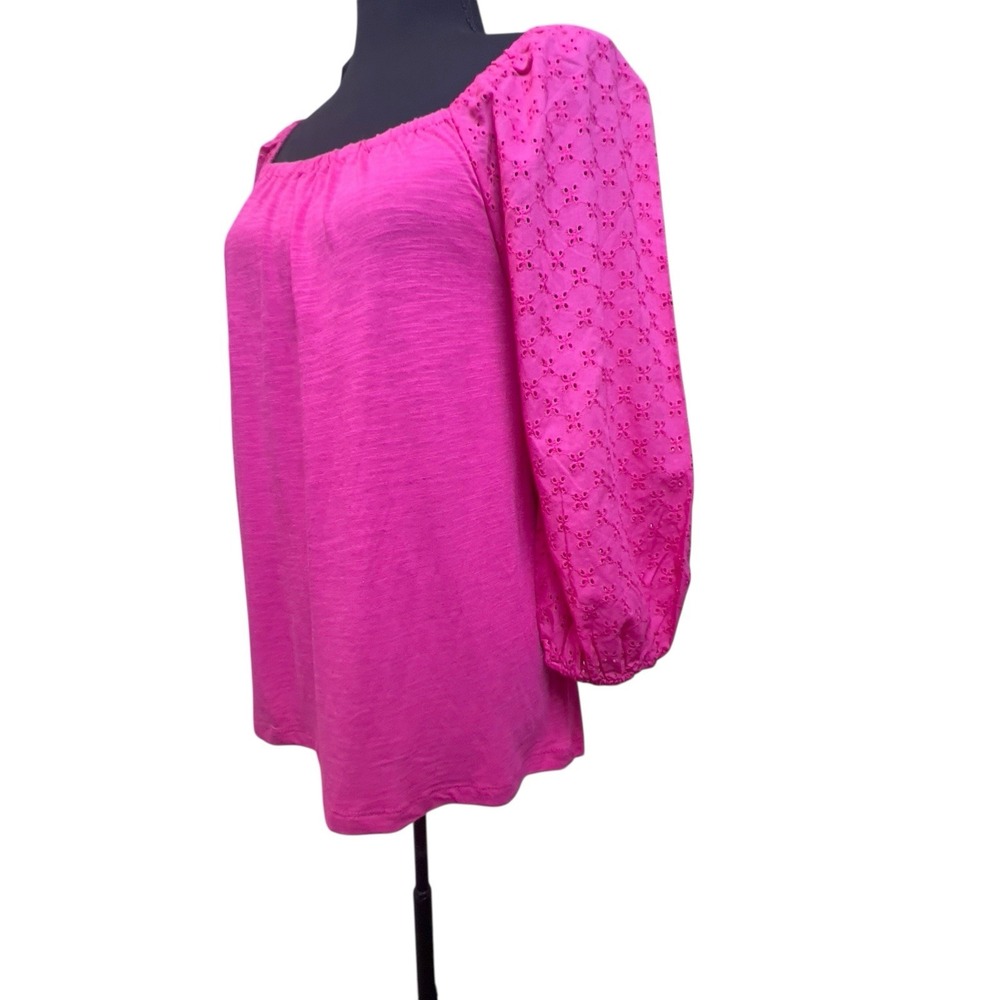 Sanctuary Eyelet 3/4 Puff Sleeve Top Size XL Fuchsia Tunic Style XT2450K6 Casual - Picture 2 of 9